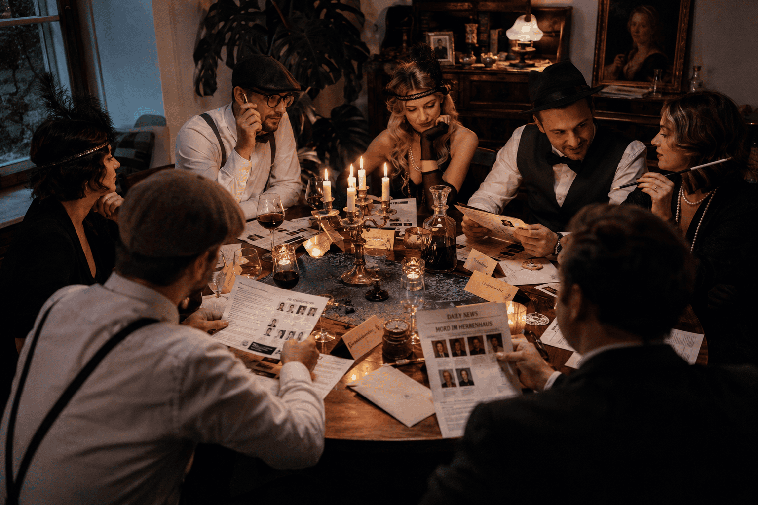 Krimidinner zuhause erleben: spannende Krimi Dinner für Freunde, Familie und besondere Abende entdecken. Rollen übernehmen, ermitteln und gemeinsam rätseln.